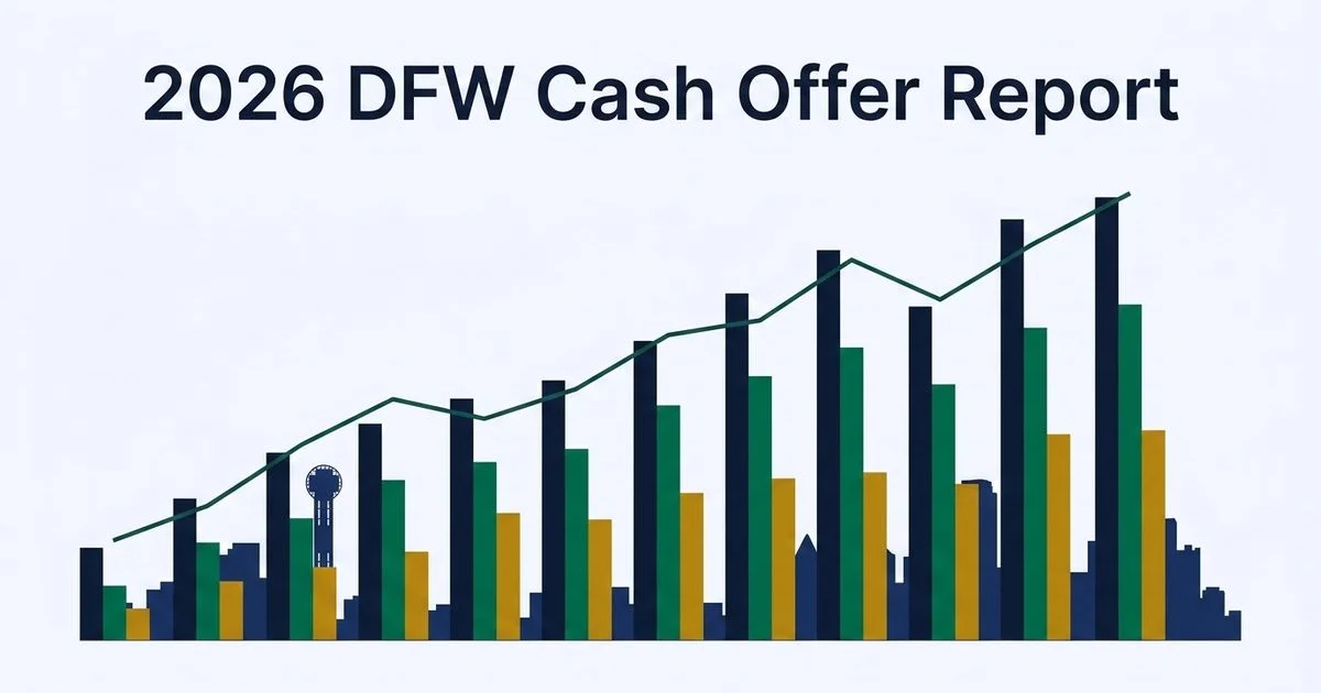Editorial cover graphic for our 2026 DFW cash offer report showing an offer-spread chart