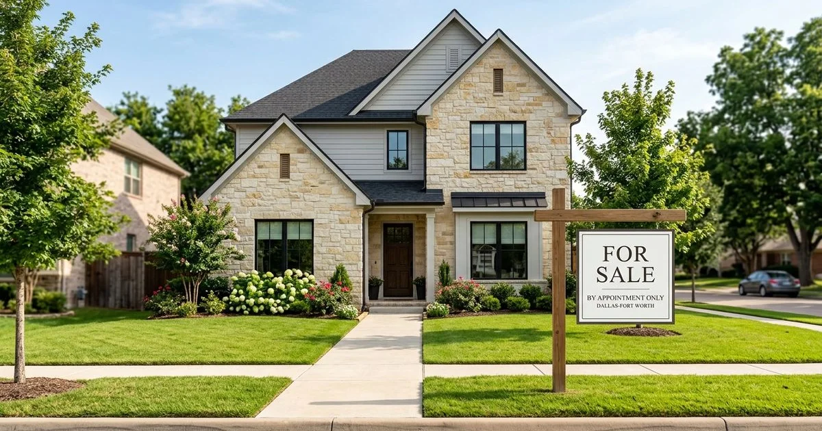 A DFW home with a for-sale sign photographed in bright summer light