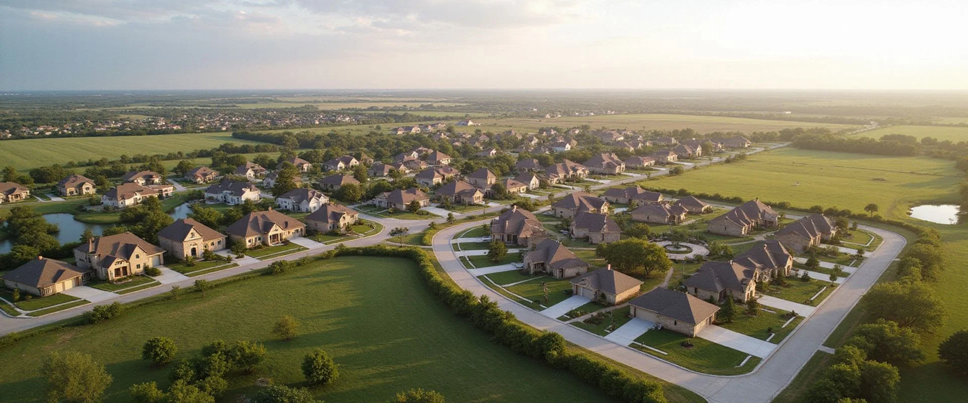 Aerial view of Celina TX master-planned community with single-family homes surrounded by open farmland in Collin County