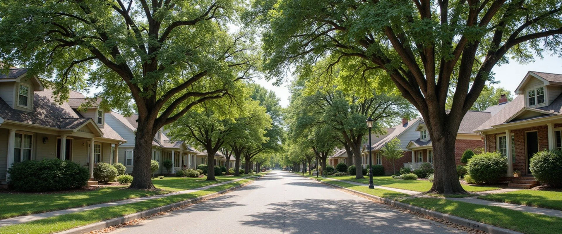 Denton TX residential street near the University of North Texas with older 1960s-1980s homes and mature trees