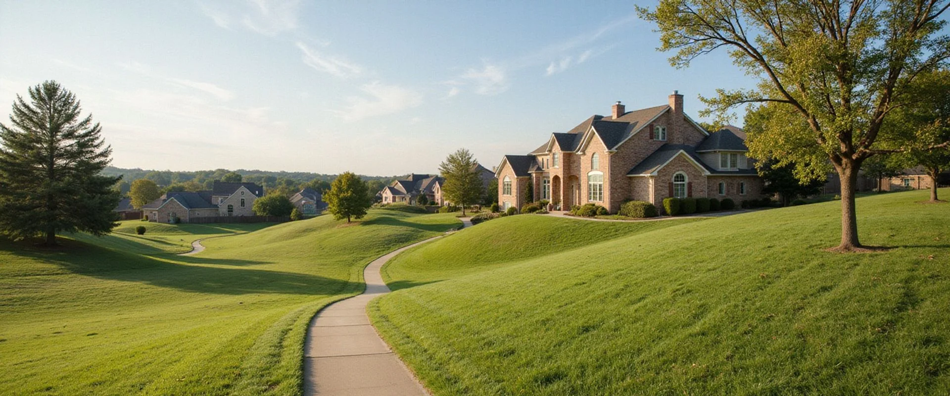 Flower Mound TX residential street with established homes in Cross Timbers rolling terrain, Denton County affluent suburb