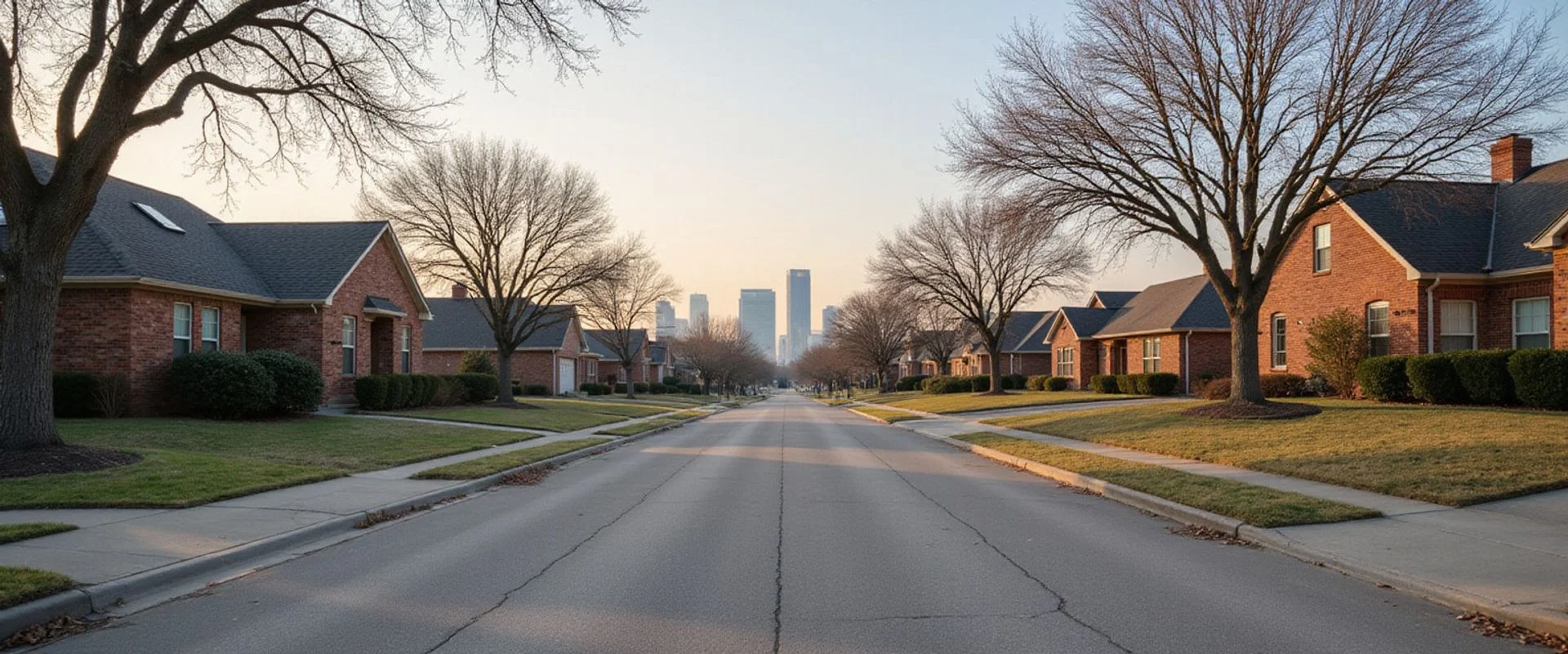 Irving TX residential street with 1960s brick homes in South Irving and the Las Colinas skyline in the distance
