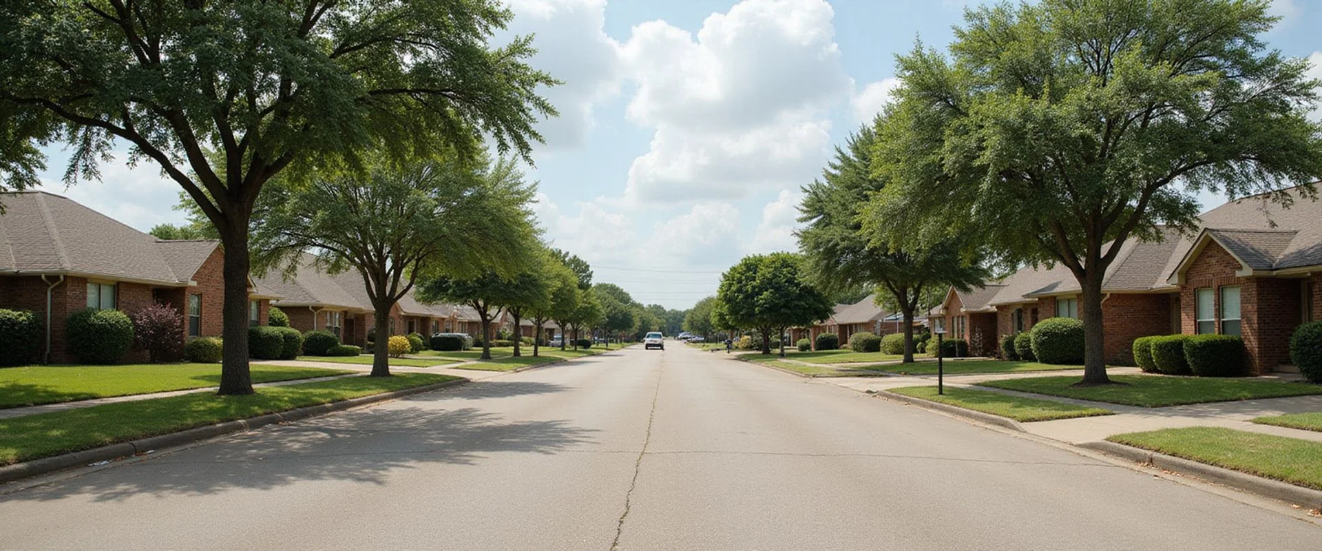 Mesquite TX residential street with 1970s brick ranch homes in the West Mesquite submarket where cash buyers are most active