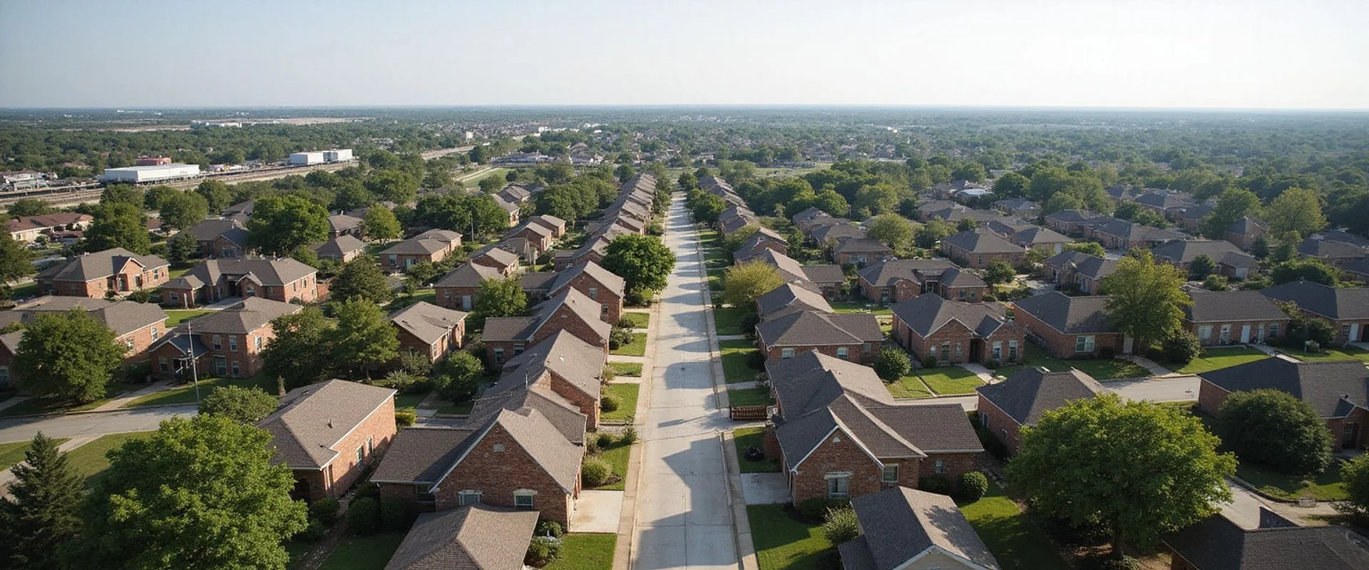 Aerial view of Richardson TX neighborhood with 1960s brick ranch homes near CityLine and DART rail stations along US-75