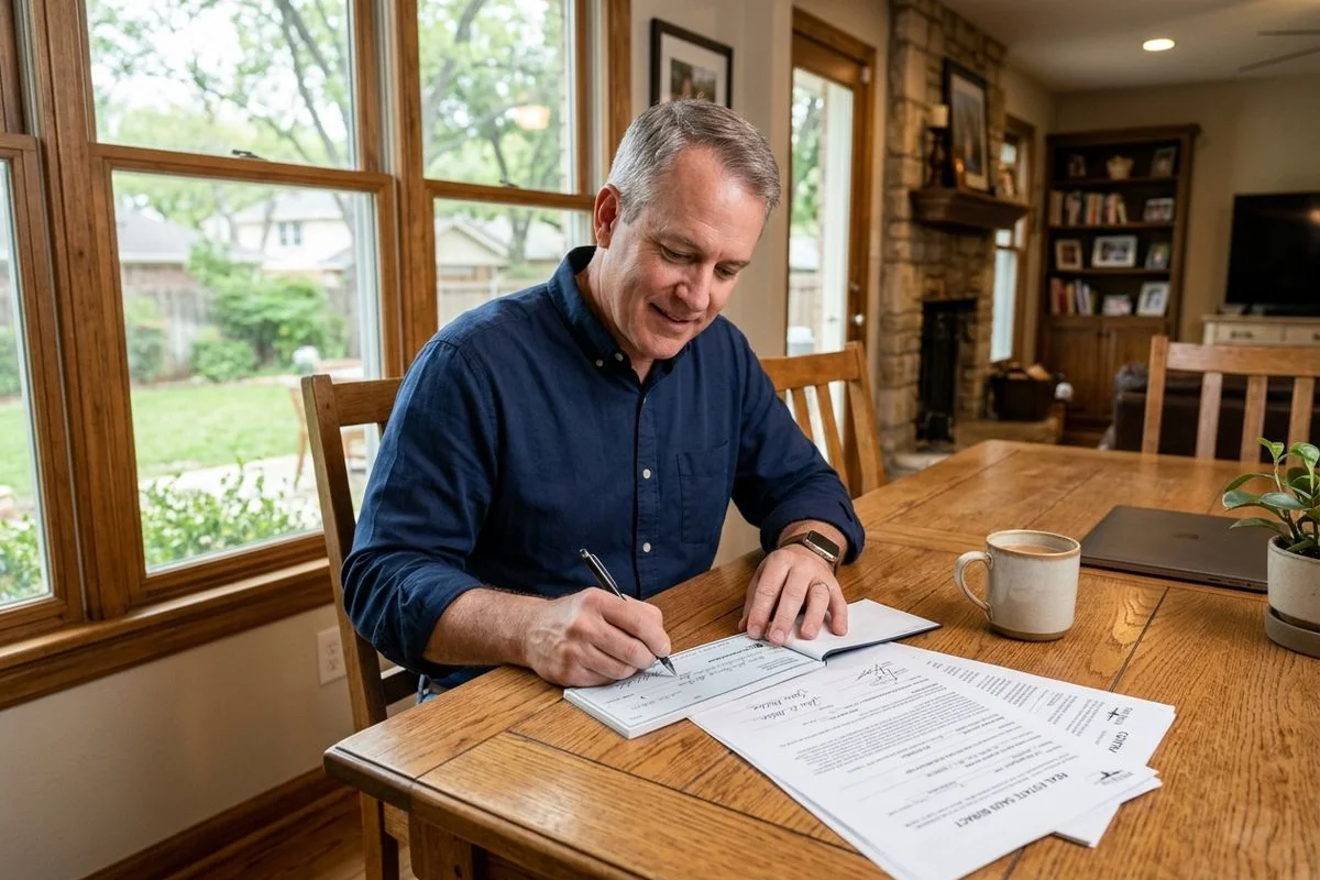 Fort Worth cash buyer meeting a homeowner at a dining table to review contract paperwork