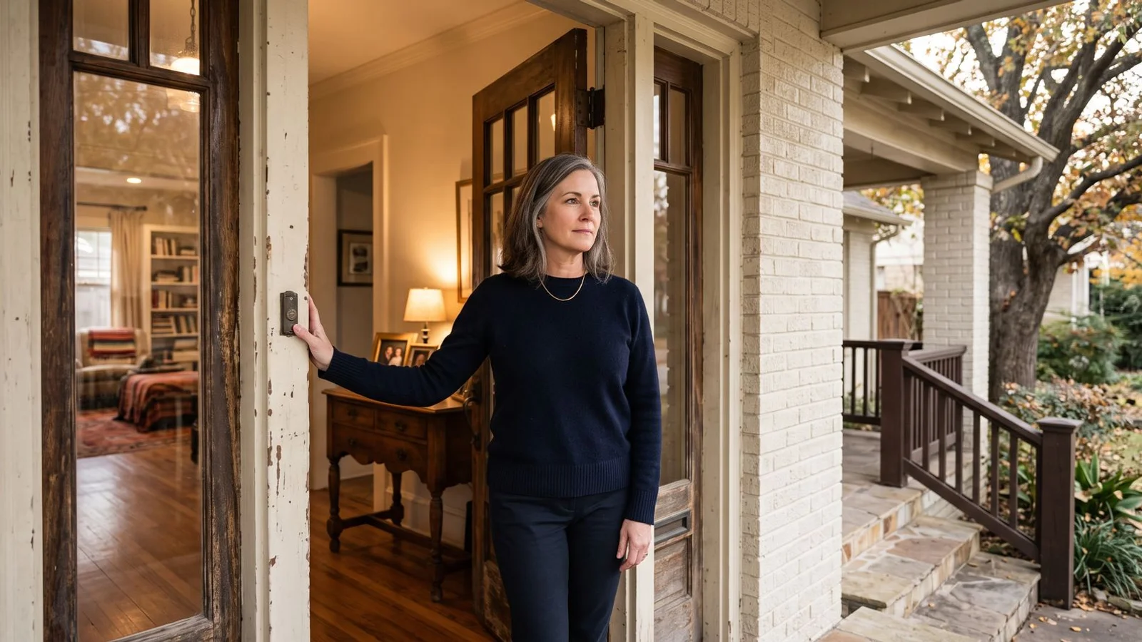 Adult child standing in the doorway of an older inherited home, reflective mood, natural daylight