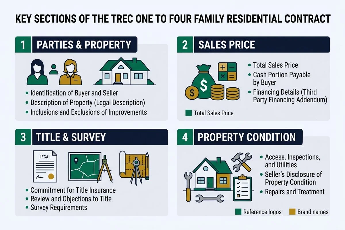 Annotated graphic of key TREC 1-4 contract sections, brand colors