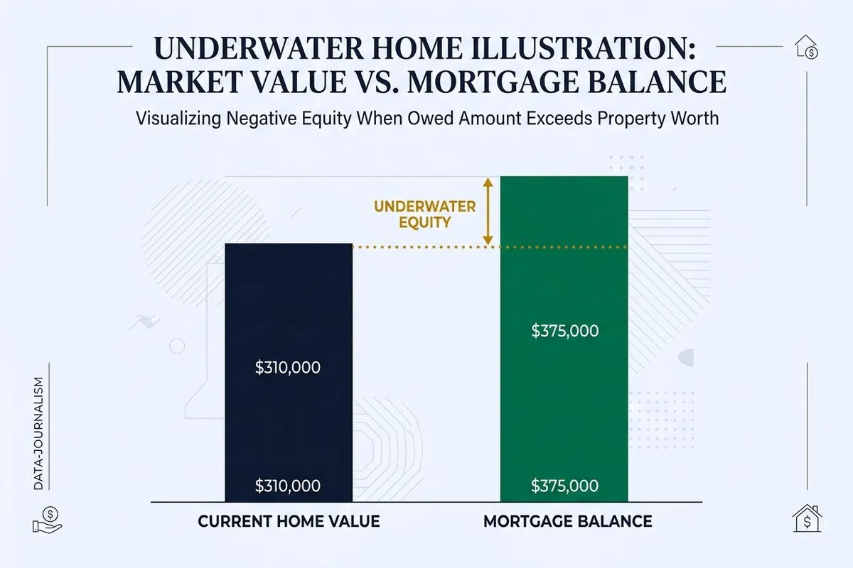Bar graphic comparing home value versus mortgage balance for an underwater home, brand colors