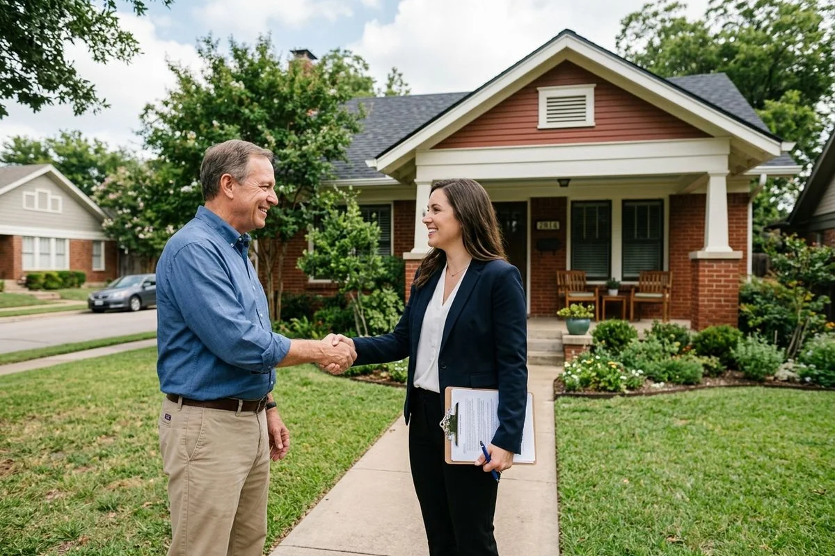 Cash buyer representative meeting a homeowner in front of a Dallas home to discuss an offer
