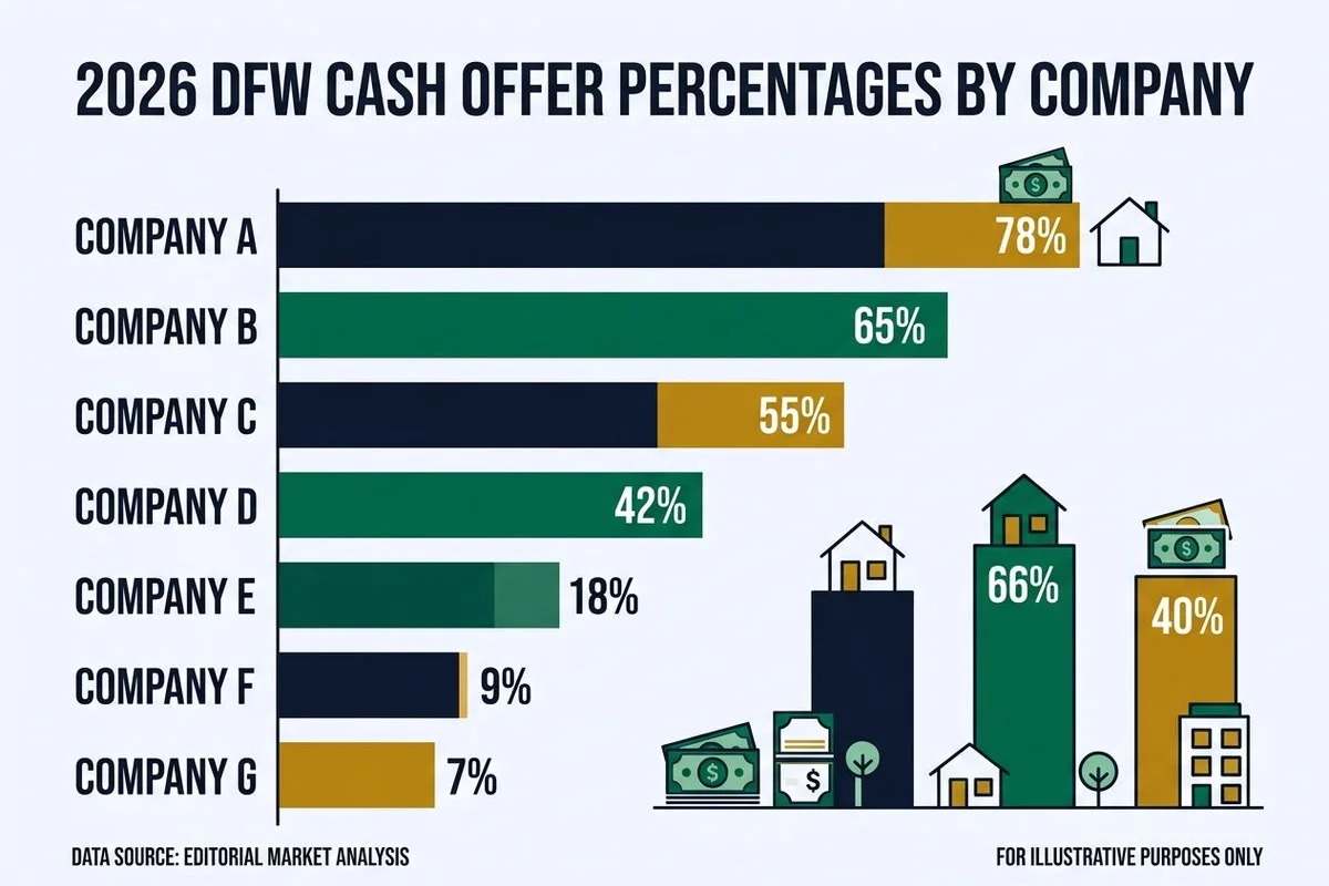 Bar chart of 2026 cash offer percentages by DFW company, showing tightening spreads