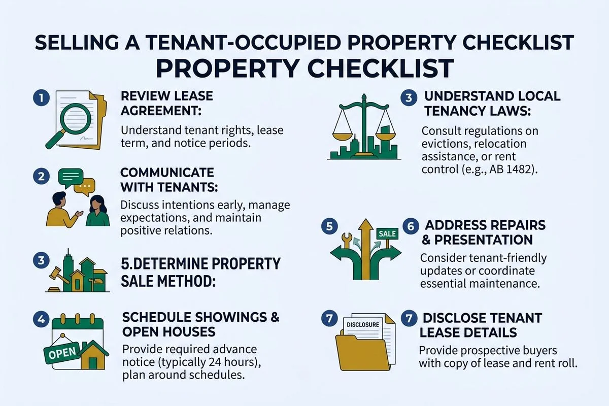Checklist graphic for selling a tenant-occupied property, brand colors