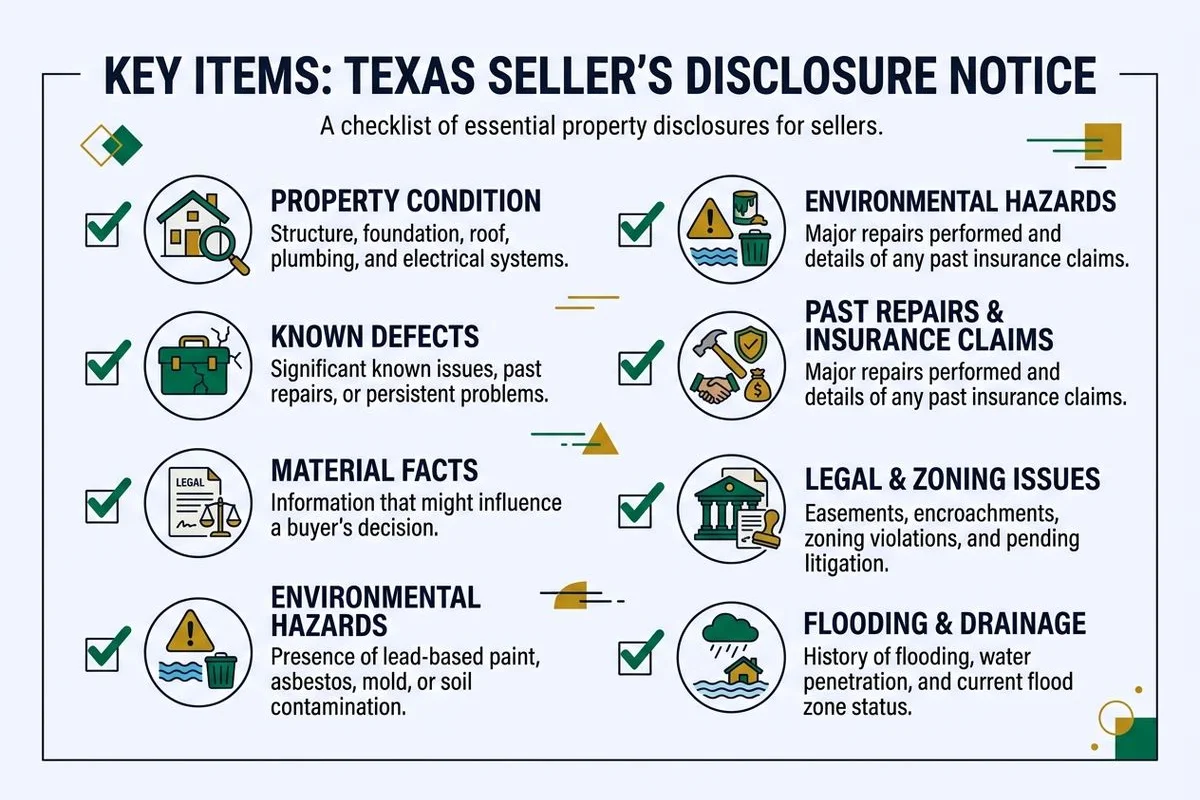 Checklist graphic of key items on the Texas seller's disclosure notice, brand colors