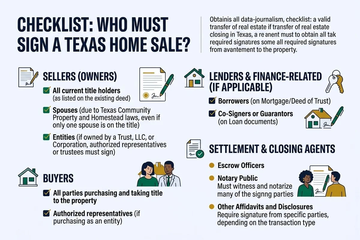Checklist graphic of who must sign a Texas home sale, brand colors