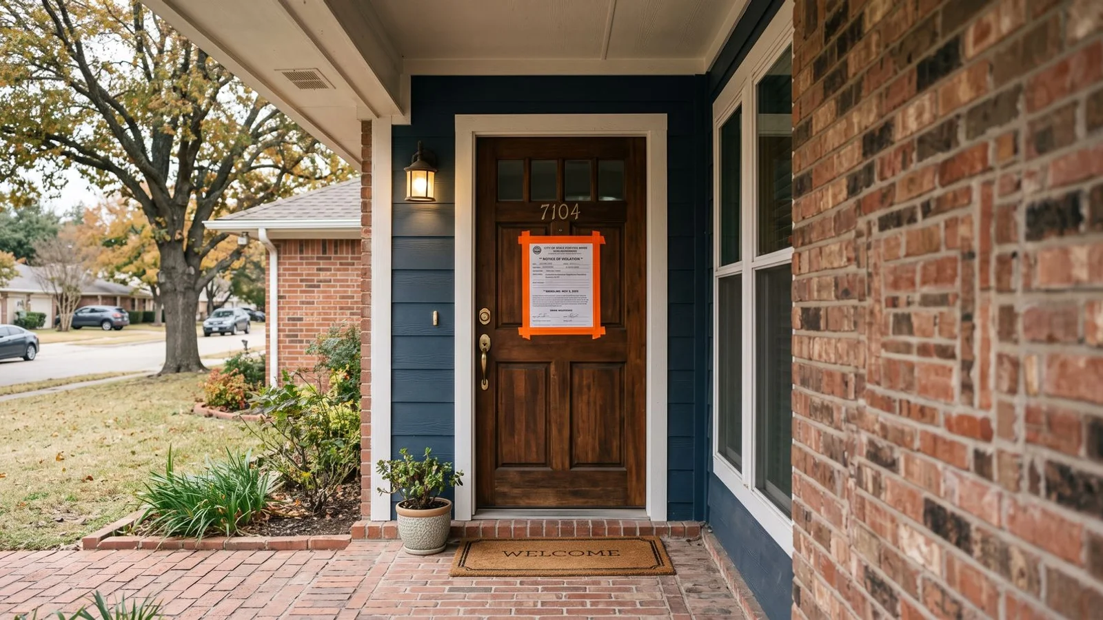 City code-violation notice posted on a home door, daylight, documentary style