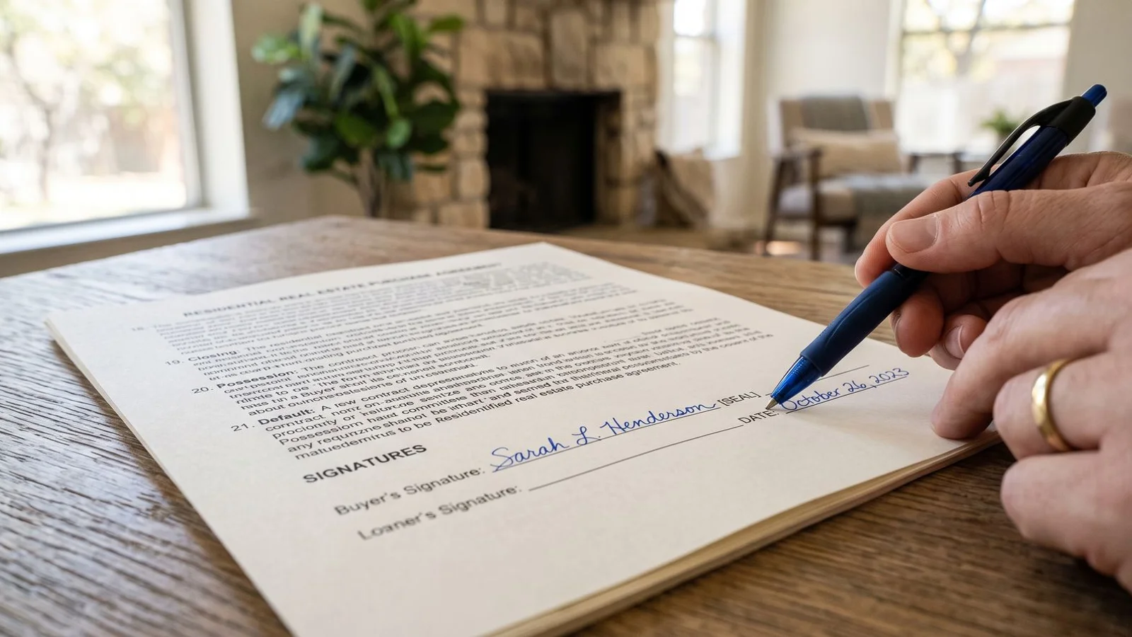 Close-up of a real estate contract with a pen, one signature line filled, natural light