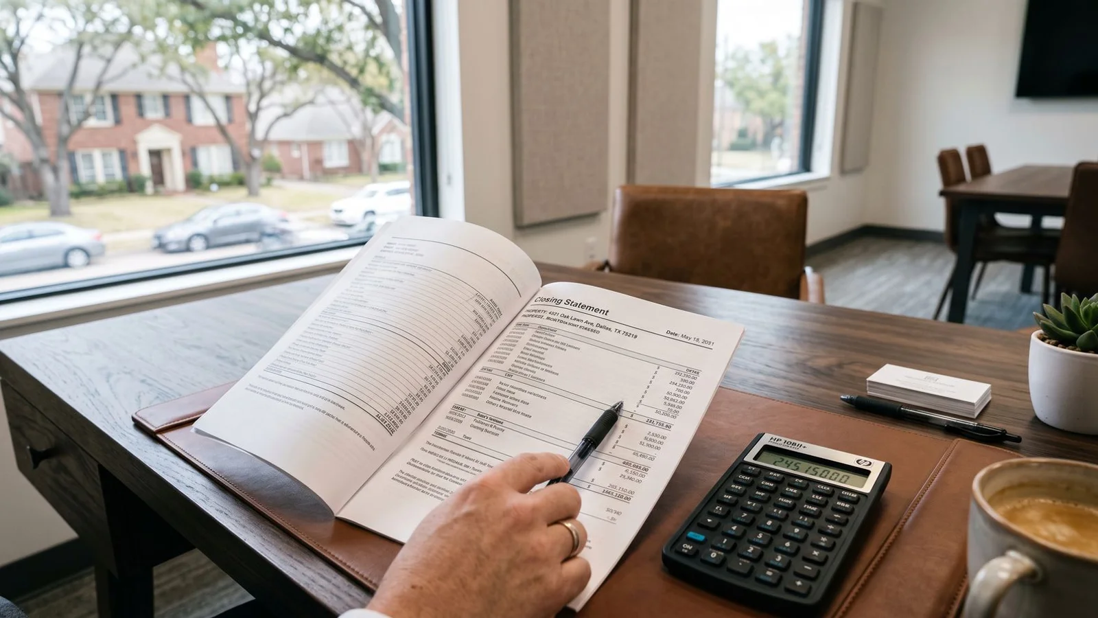 Closing statement and calculator on a desk at a title office, natural light