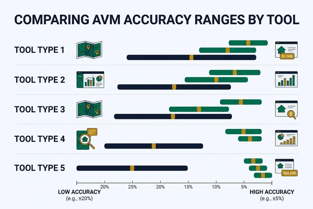 Comparison graphic of AVM accuracy ranges by tool, brand colors