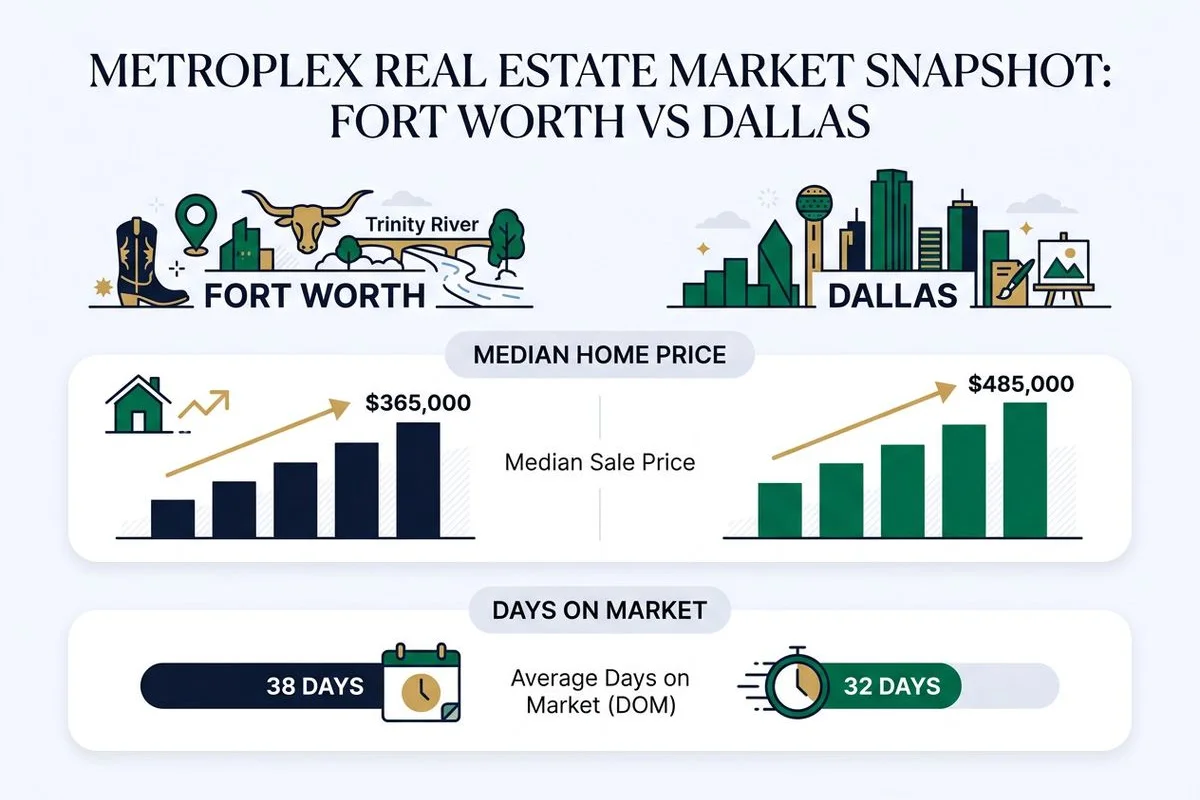 Comparison graphic of Fort Worth vs Dallas median price and days-on-market, brand colors
