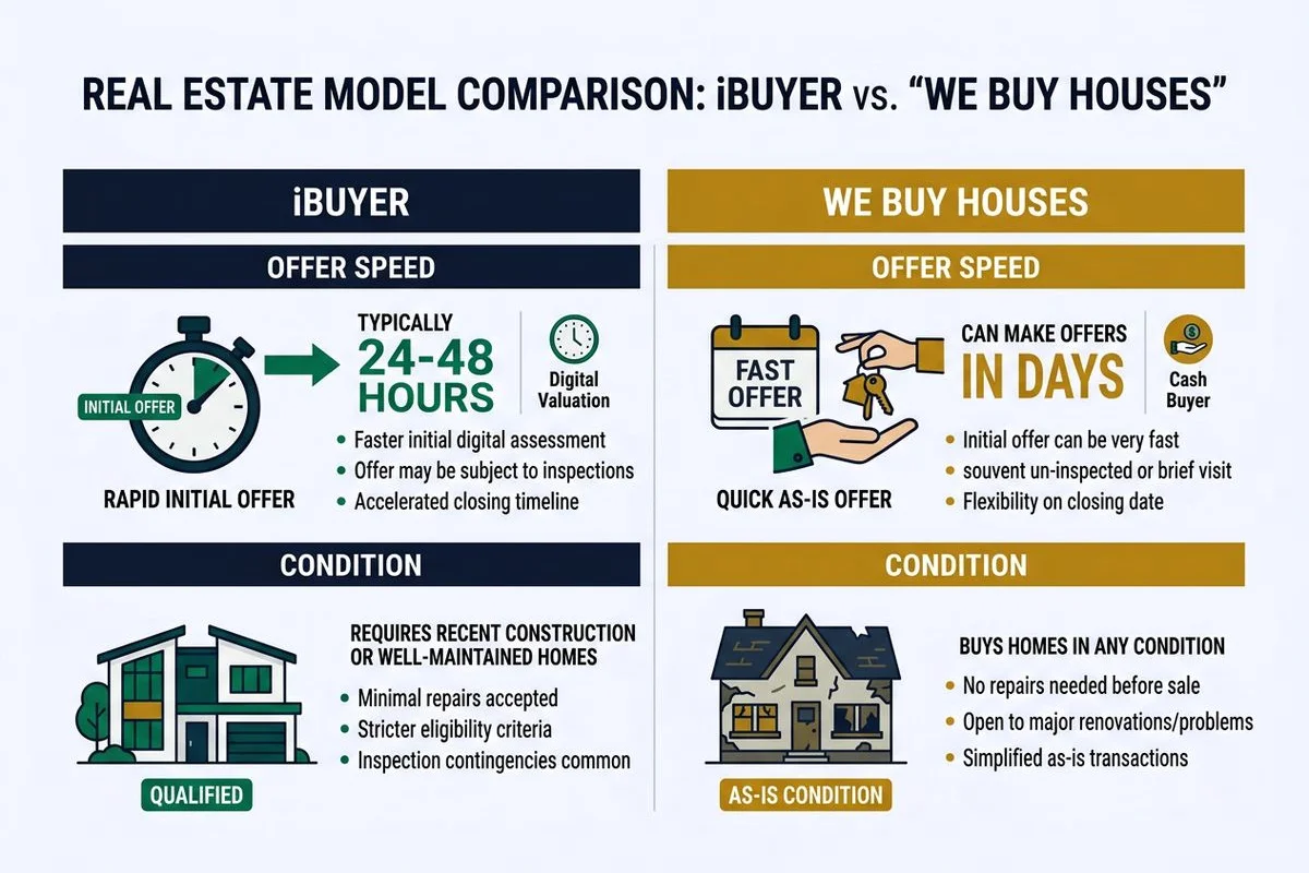 Comparison graphic of iBuyer vs we-buy-houses across offer %, speed, condition, brand colors