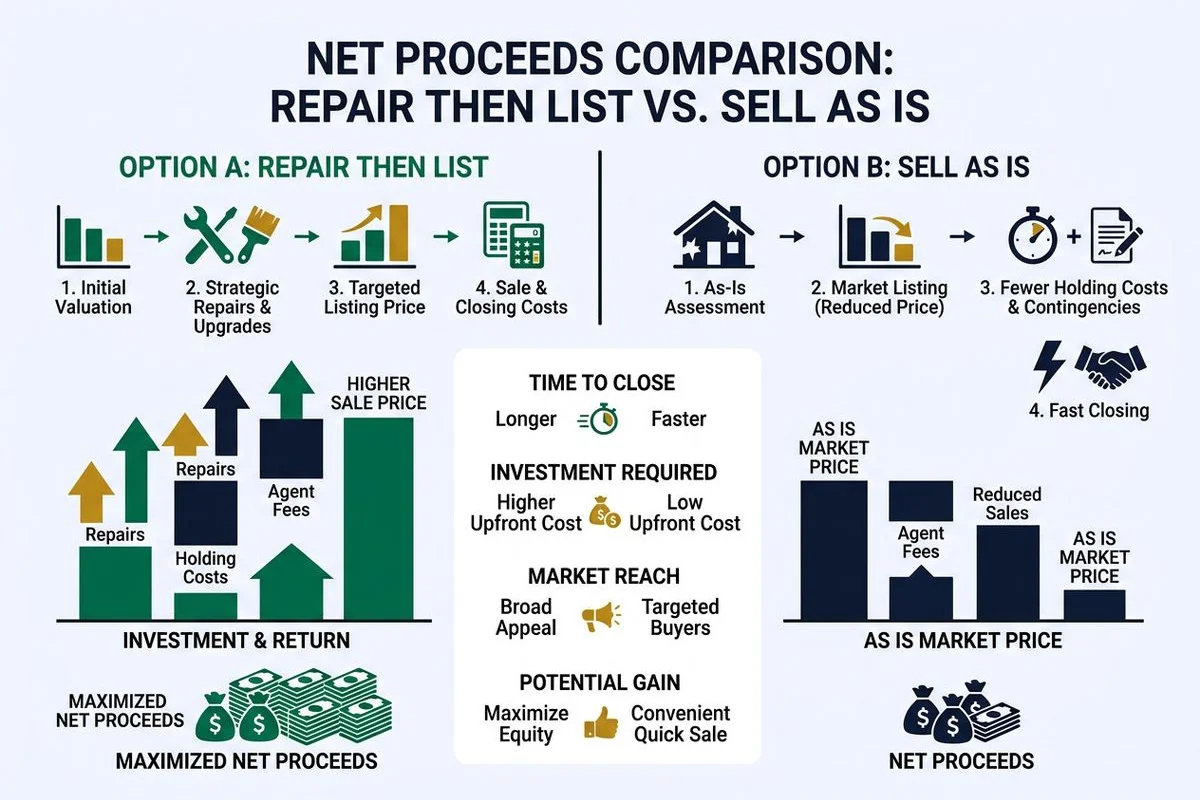 Comparison graphic: repair-then-list vs sell-as-is net proceeds, brand colors