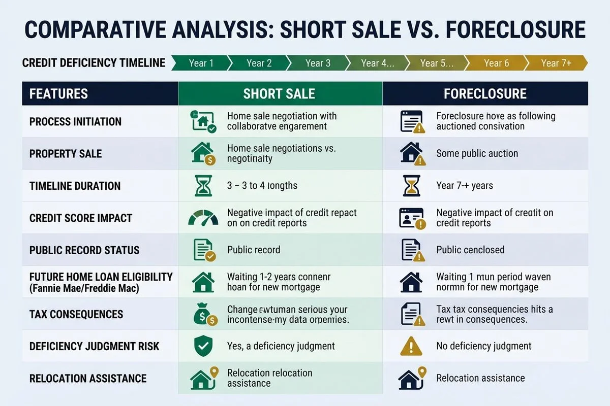 Comparison table graphic: short sale vs foreclosure across credit, deficiency, timeline
