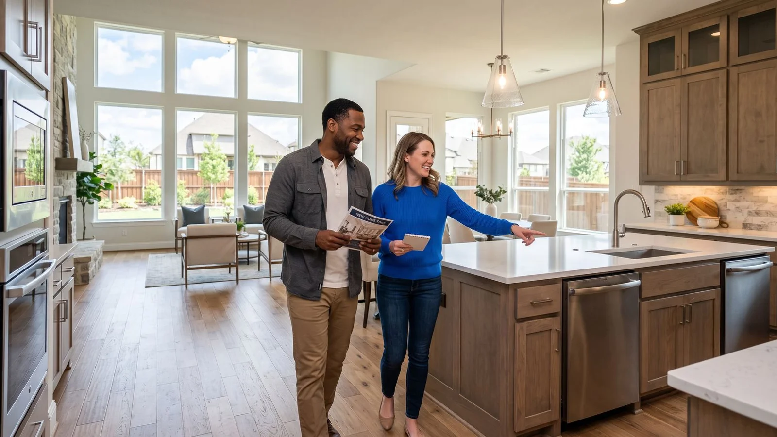 Couple touring a new DFW home while owning another, natural daylight, editorial