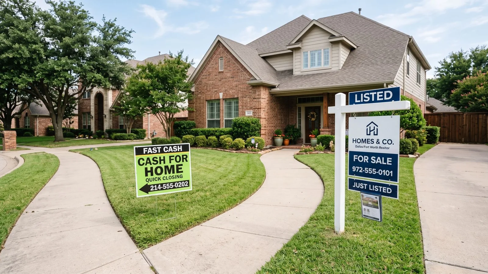 Dallas home with two paths illustrated: fast cash vs listed sign, editorial daylight