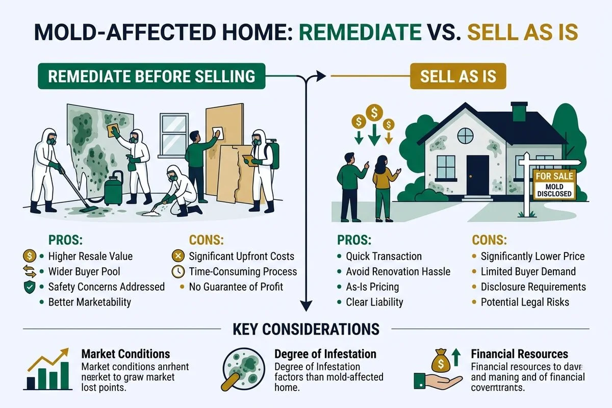 Decision graphic: remediate vs sell as-is for a mold-affected home, brand colors