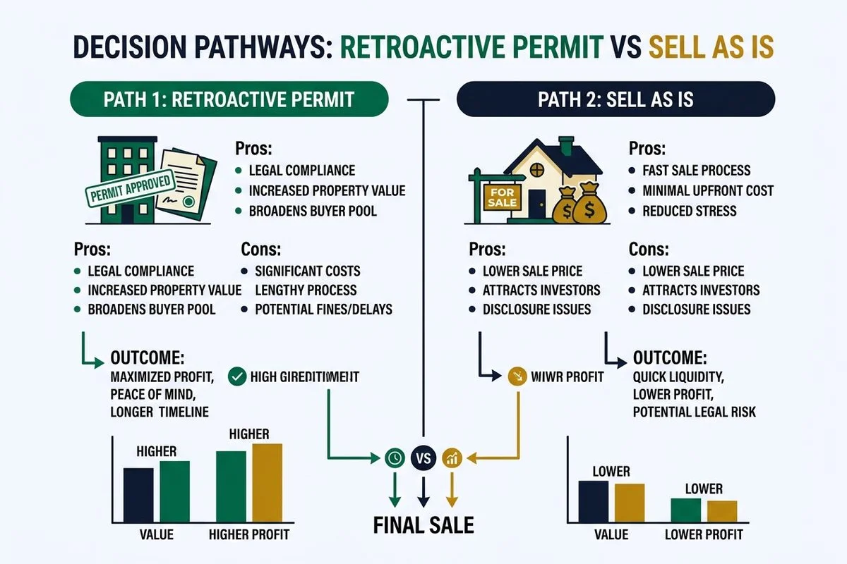 Decision graphic: retroactive permit vs sell as-is, brand colors