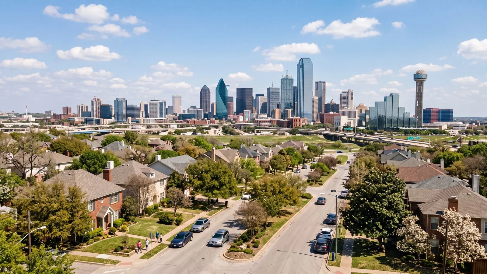 DFW skyline with residential neighborhoods in foreground, clear daylight, editorial