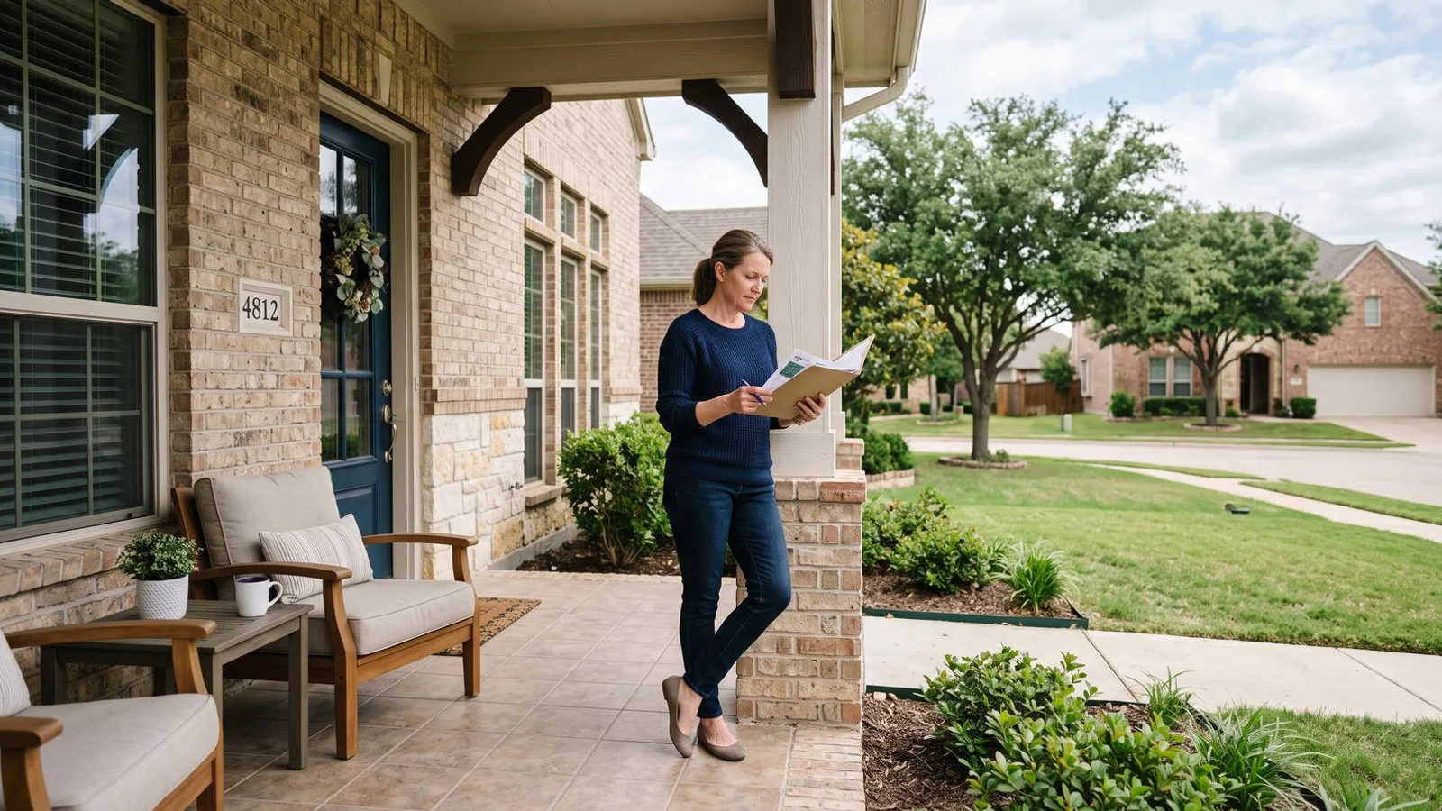 DFW suburban home exterior, homeowner on porch considering options, natural daylight