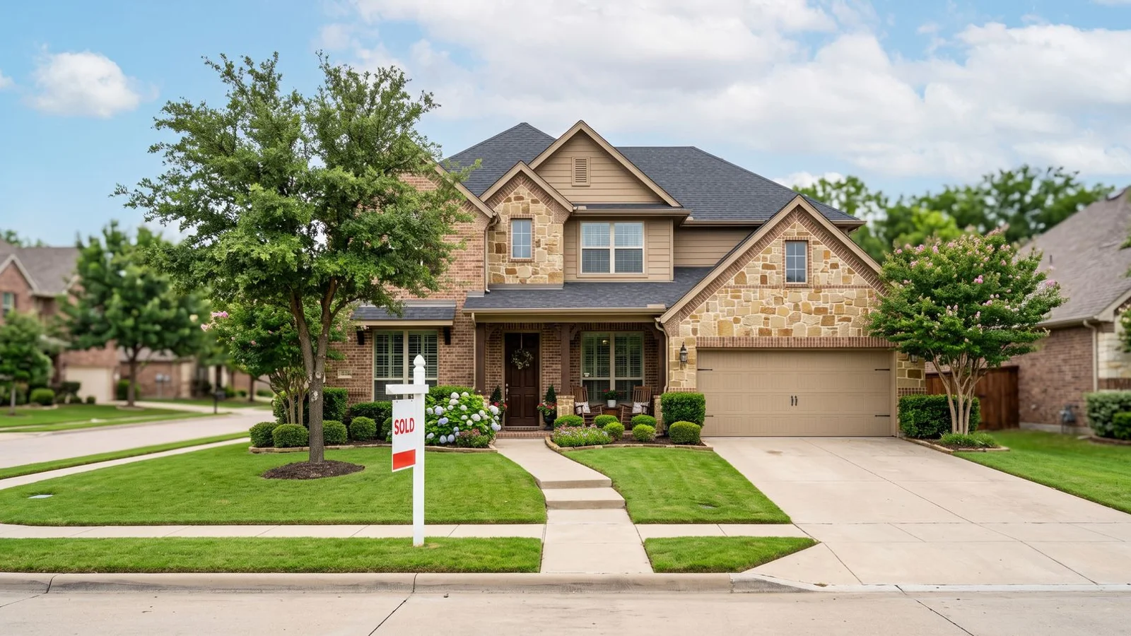 DFW suburban home with a sold sign, clean daylight, editorial real estate style