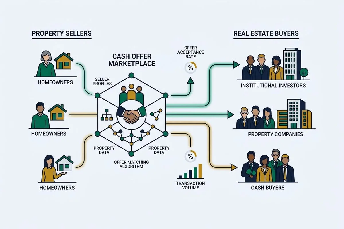 Diagram of a cash-offer marketplace matching sellers to buyers, brand colors