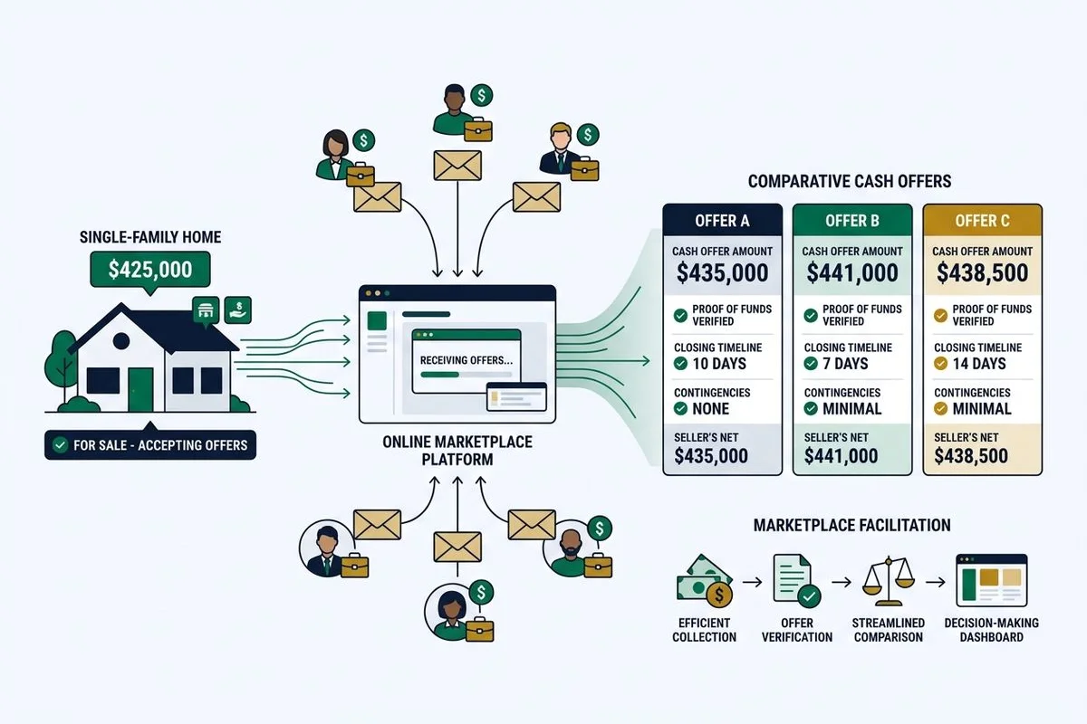 Diagram of a marketplace collecting several cash offers, brand colors