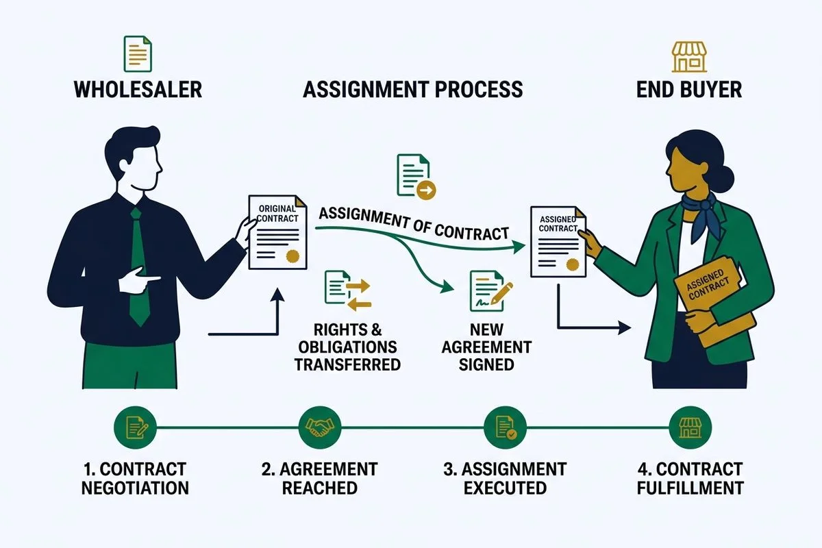 Diagram of a wholesaler assigning a contract to an end buyer, brand colors
