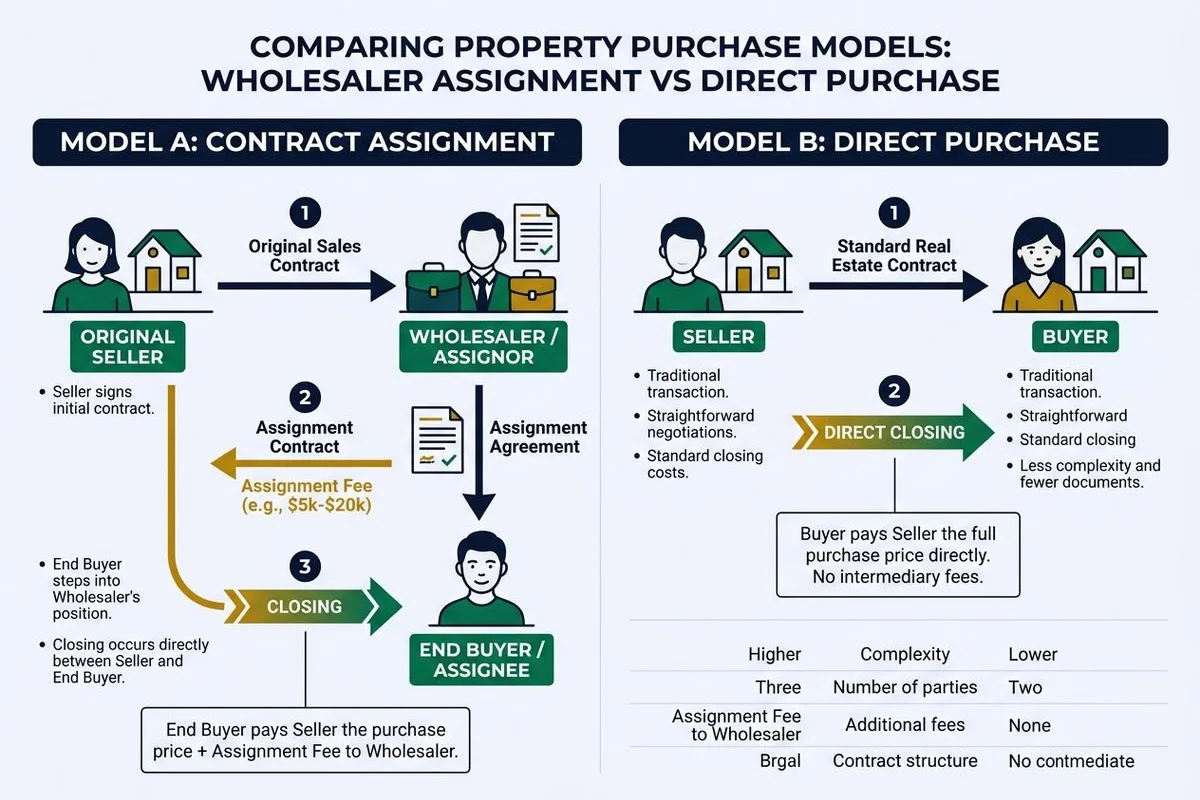 Diagram of contract assignment: wholesaler to end buyer vs direct purchase, brand colors