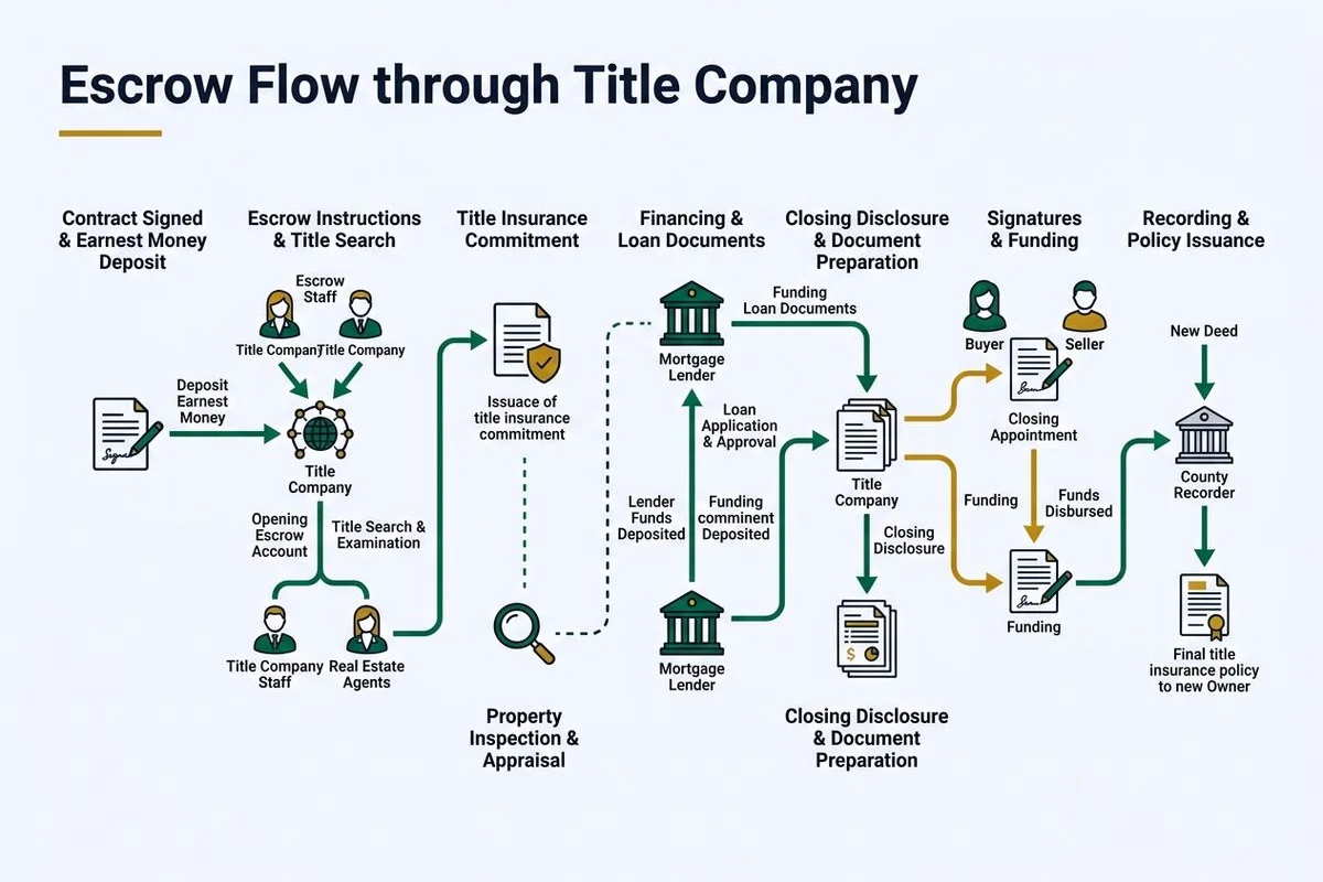 Diagram of escrow flow through a title company, brand colors
