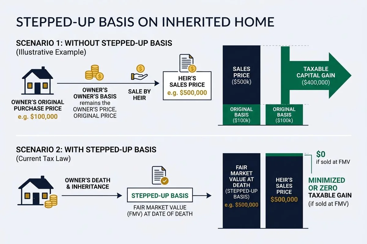 Diagram of stepped-up basis reducing taxable gain on an inherited home, brand colors