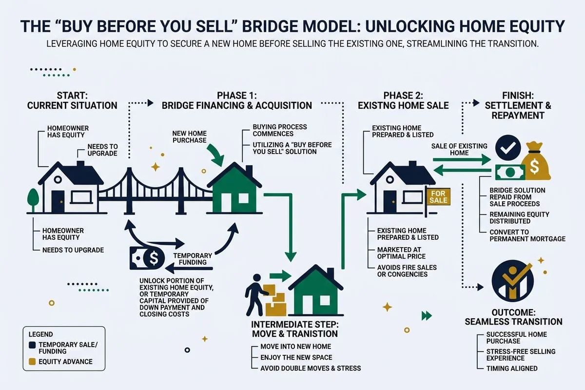 Diagram of the buy-before-you-sell bridge model, brand colors