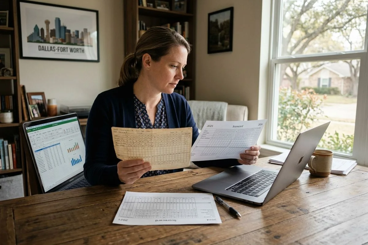 Editor comparing an old scorecard against the updated one at a desk with laptop open