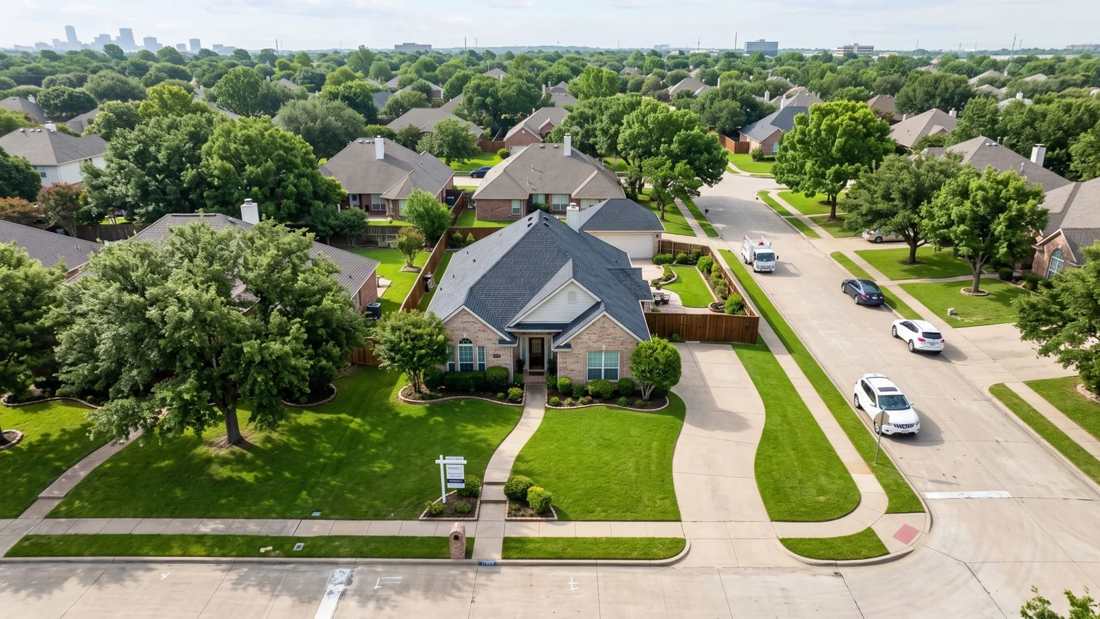 A Dallas single-family home viewed from the street with a for-sale sign in the yard
