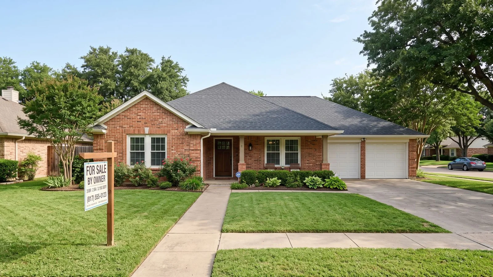 A Fort Worth brick ranch home viewed from the street with a for-sale sign