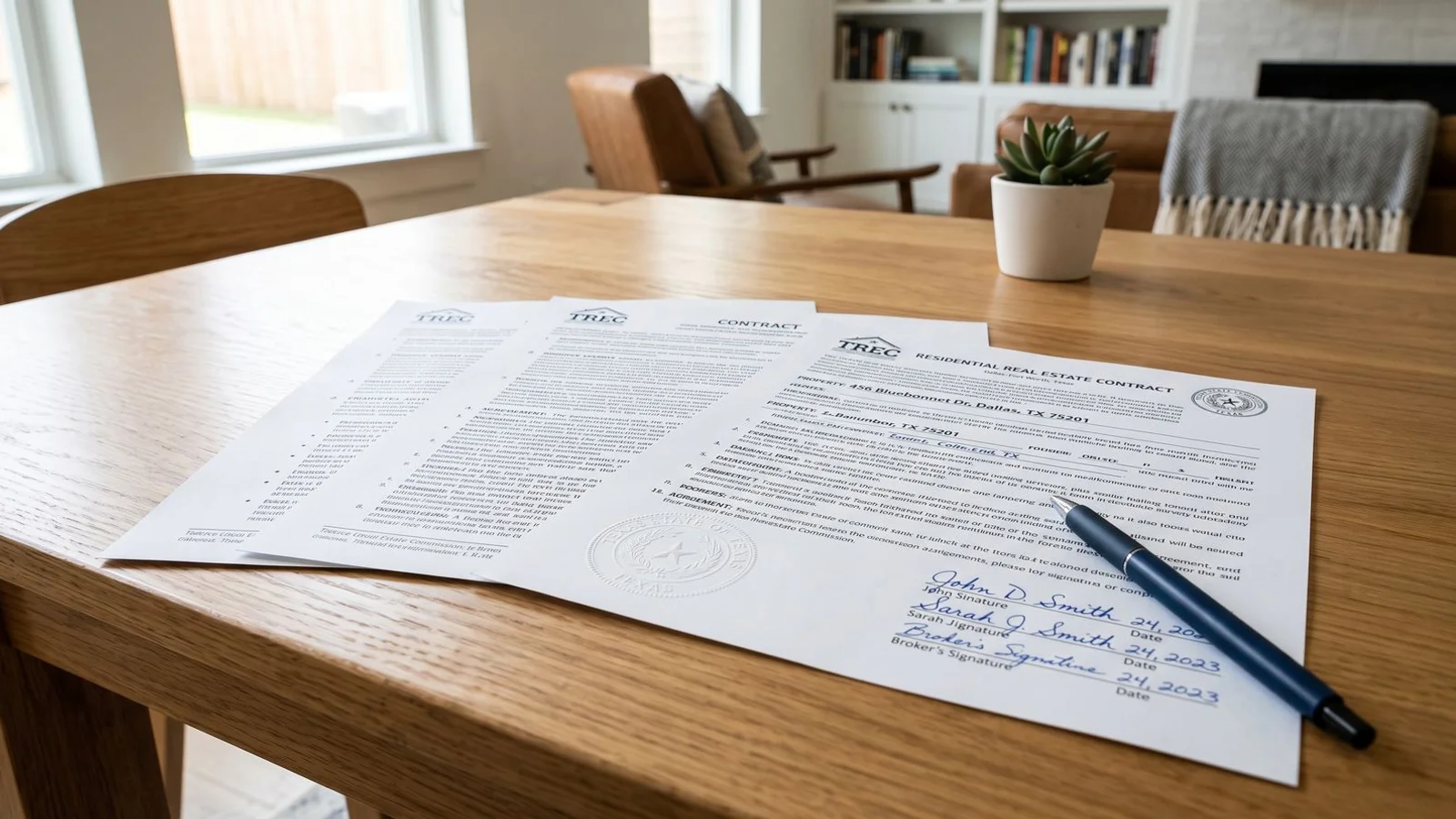 Texas real estate contract paperwork spread on a wooden desk