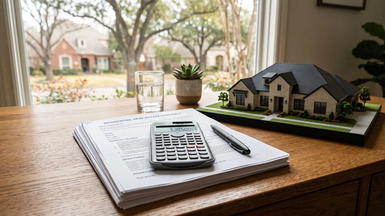 A calculator, contract, and model home laid out for a seller-cost breakdown