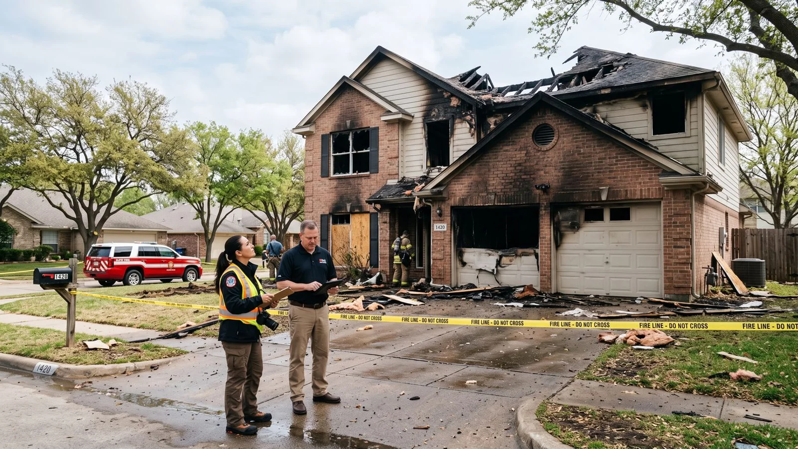 Exterior of a fire-damaged suburban home being assessed, daylight, documentary style