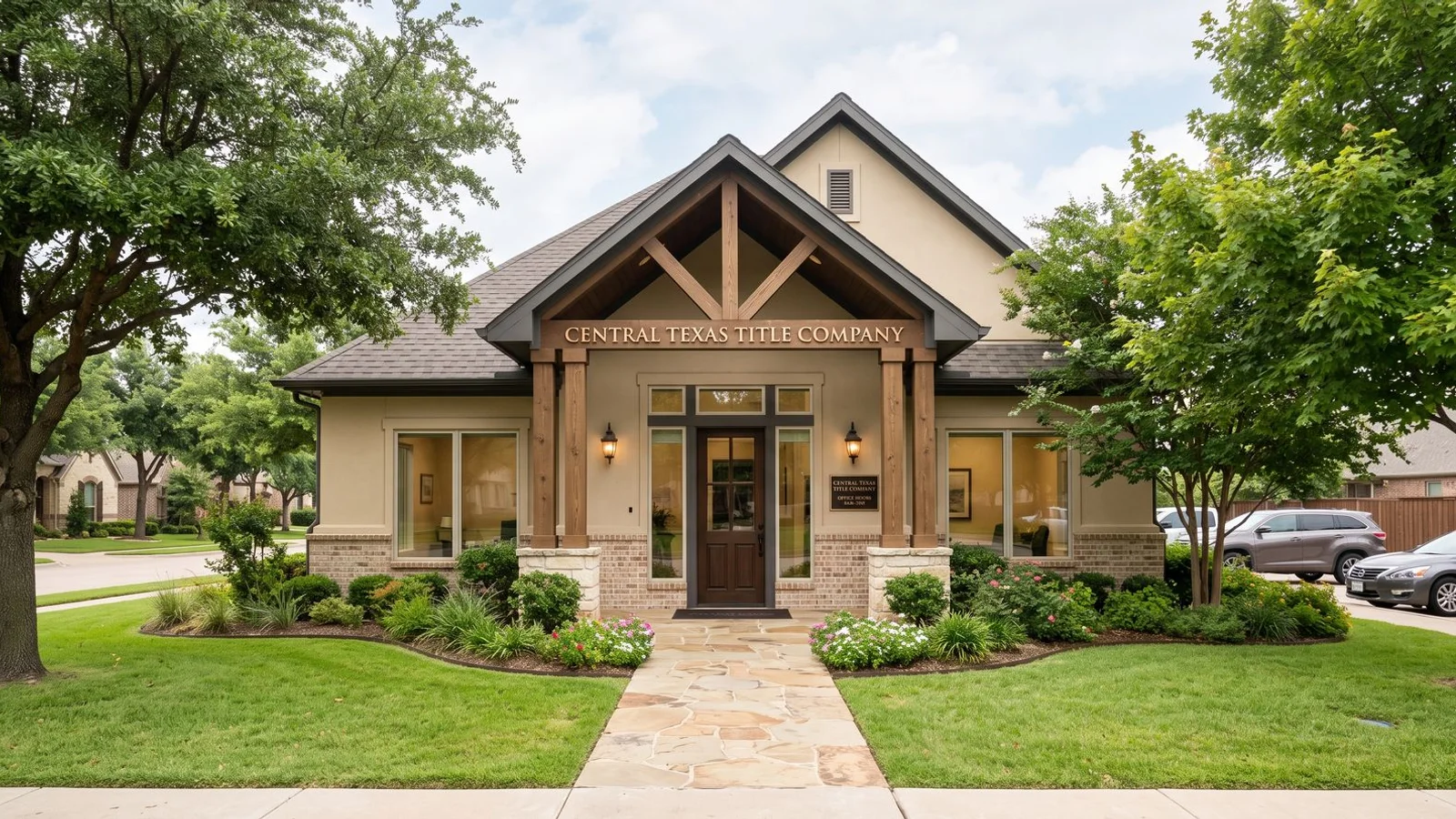 Exterior of a Texas title company office, professional daylight, editorial