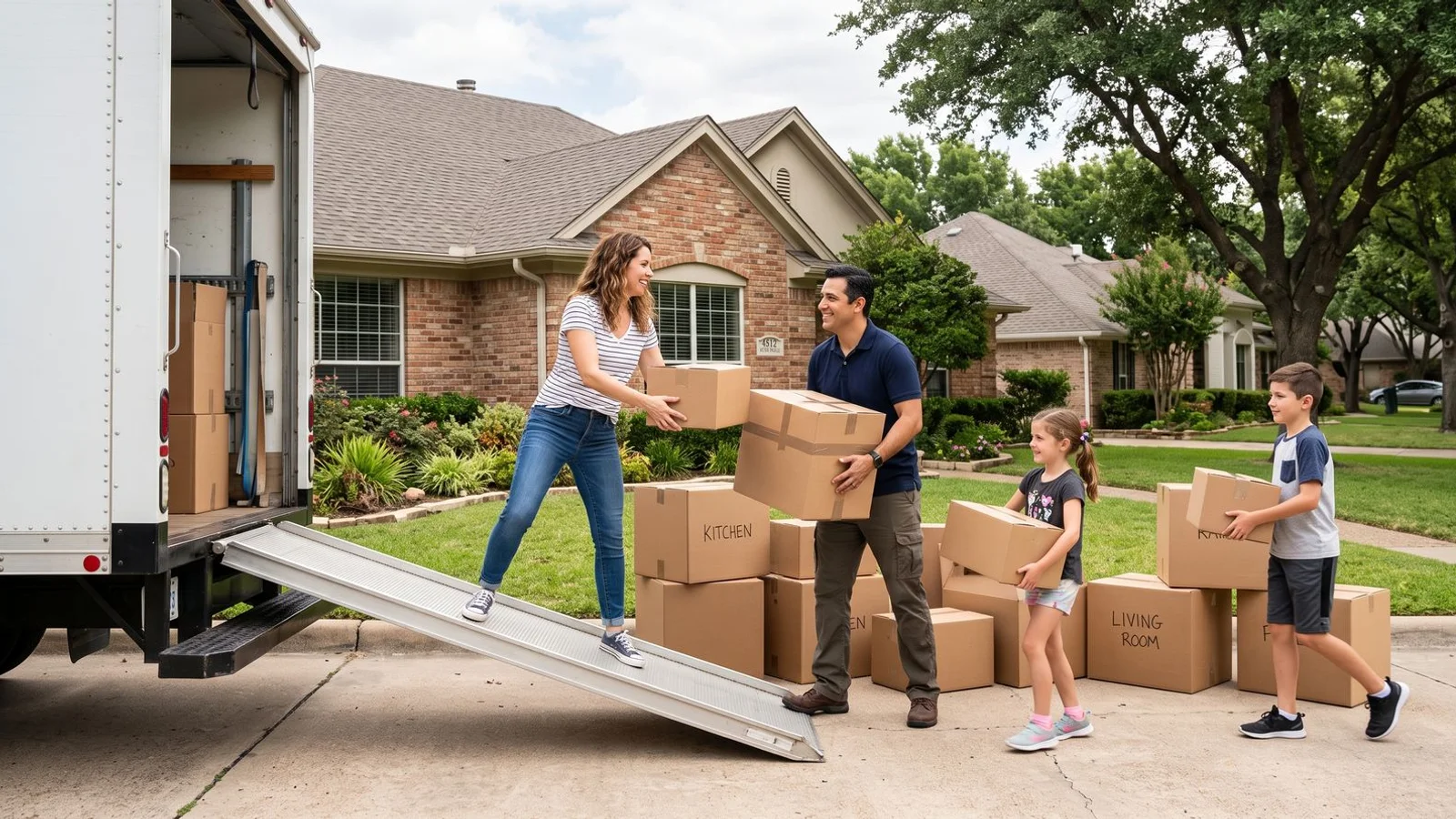 Family loading moving boxes into a truck outside a DFW home, natural daylight