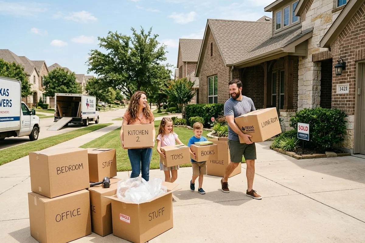 A family moving into a DFW home in the middle of summer, boxes stacked in the driveway