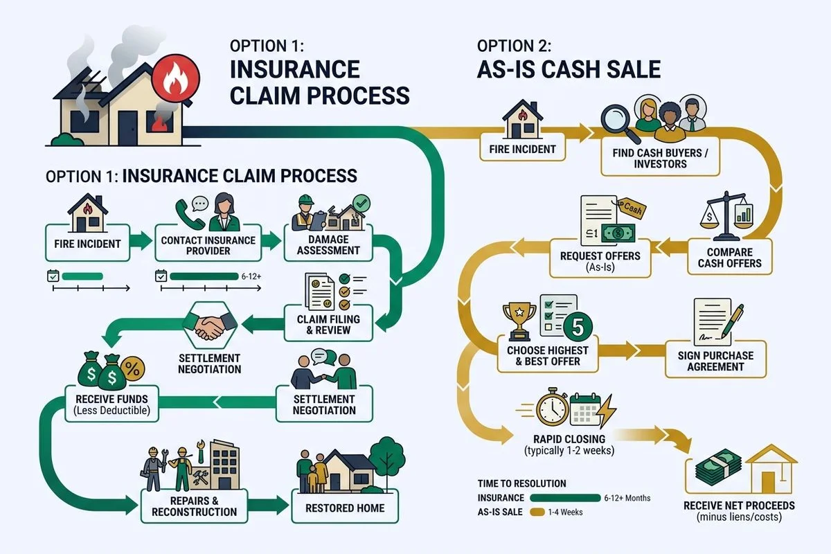 Flow graphic: insurance claim and as-is sale paths for a fire-damaged home, brand colors