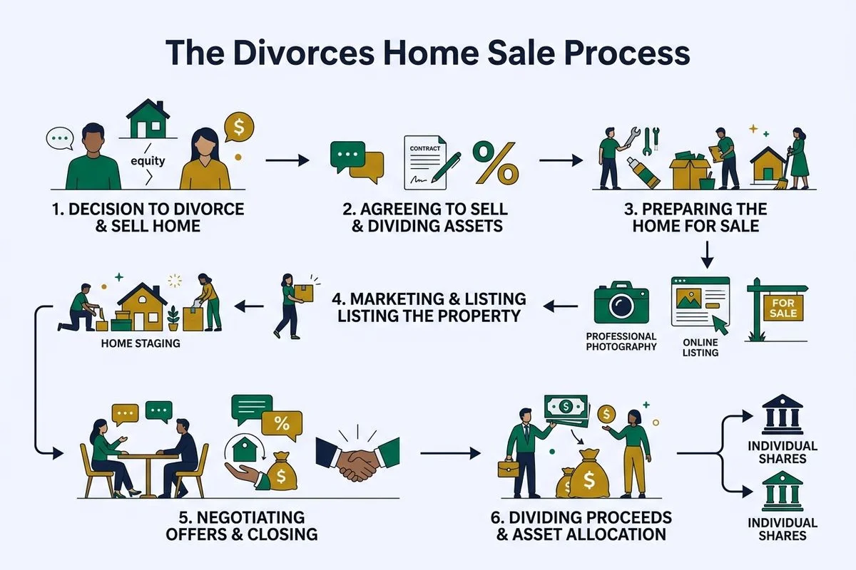 Flow graphic of a divorce home-sale process from decision to split proceeds, brand colors